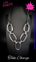 2019 October Life Of The Party Delicately hammered in blinding shimmer, oversized shiny gunmetal chain links and textured fittings connect below the collar. Suspended from strands of gunmetal chains, the bold links catch and reflect the light for a statement-making finish. Features an adjustable clasp closure. Sold as one individual necklace. Includes one pair of matching earrings.  P2ST-BKXX-101XX