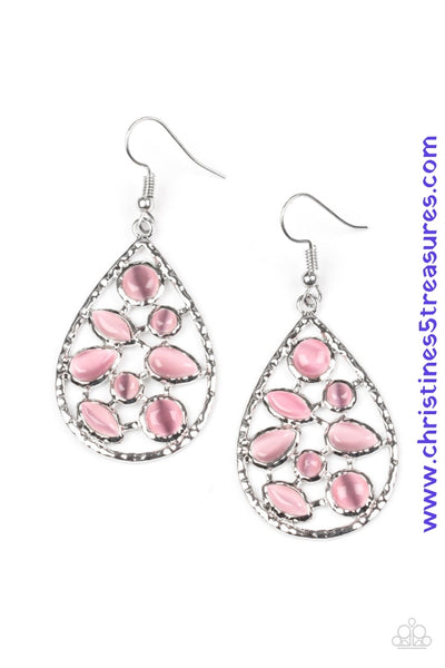 Varying in shape, glassy pink moonstones are sprinkled across the center of a silver teardrop, creating a whimsical lure. Earring attaches to a standard fishhook fitting. Sold as one pair of earrings.  P5WH-PKXX-174XX