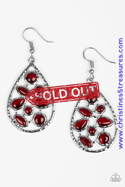 Varying in shape, glassy red moonstones are sprinkled across the center of a silver teardrop, creating a whimsical lure. Earring attaches to a standard fishhook fitting. Sold as one pair of earrings.  P5WH-RDXX-096XX