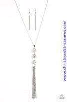 Infused with dainty silver accents, a trio of white beads encrusted in white rhinestones trickle down the chest, creating a sassy pendant. Features an adjustable clasp closure. Sold as one individual necklace. Includes one pair of matching earrings.  P2RE-WTXX-264XX