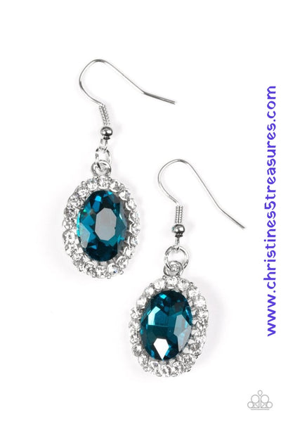 A blue gem is pressed into the center of a silver frame radiating with glittery white rhinestones for a glamorous look. Earring attaches to a standard fishhook fitting. Sold as one pair of earrings.   P5RE-BLXX-094XX