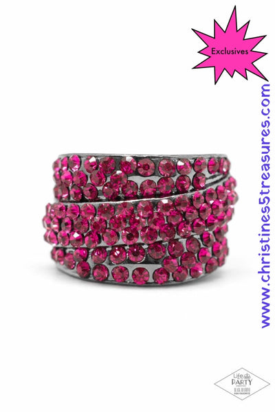 2019 Life of the Party Pink Diamond Bring Back Piece  Row upon row of glittery pink rhinestone stack into an incandescent display. An additional row of sparkling rhinestones wraps diagonally across the band for an extra splash of refined shimmer. Sold as one individual ring.  This Black Diamond Fan Favorite is back in the spotlight at the request of our 2019 Life of the Party member with Pink Diamond Access, Marissa K.  P4ED-PKXX-020XX