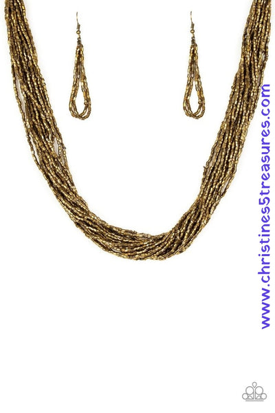 Strands of glistening brass seed beads subtlety twist below the collar, coalescing into a blinding shimmer. Features an adjustable clasp closure. Sold as one individual necklace. Includes one pair of matching earrings.  P2ED-BRXX-079BK