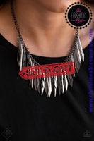 2019 April Fashion Fix - Magnificent Musings A collection of flared gunmetal daggers swing from the bottom of a glistening gunmetal chain, creating an edgy fringe below the collar. Featuring a subtle crease down the center, the shimmery discs gradually increase in size as they drip from the chain, adding an irresistible industrial flair to the look. Features an adjustable clasp closure. Sold as one individual necklace. Includes one pair of matching earrings.  P2ED-BKXX-157MD