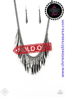 2019 April Fashion Fix - Magnificent Musings A collection of flared gunmetal daggers swing from the bottom of a glistening gunmetal chain, creating an edgy fringe below the collar. Featuring a subtle crease down the center, the shimmery discs gradually increase in size as they drip from the chain, adding an irresistible industrial flair to the look. Features an adjustable clasp closure. Sold as one individual necklace. Includes one pair of matching earrings.  P2ED-BKXX-157MD