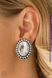A dramatic white gem is pressed into the center of an ornate silver frame radiating with classic white rhinestones for a glamorous look. Earring attaches to a standard clip-on fitting. Sold as one pair of clip-on earrings.  P5CO-WTXX-059XX