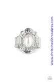 A pearly white bead is pressed into an ornate silver frame radiating with a ring of glassy white rhinestones, creating a timeless centerpiece atop the finger. Features a stretchy band for a flexible fit. Sold as one individual ring.  P4RE-WTXX-357XX