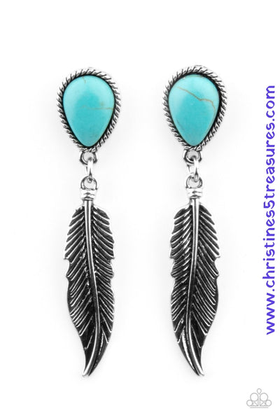 A lifelike silver feather charm swings from the bottom of a teardrop turquoise stone teardrop, coalescing into a tranquil lure. Earring attaches to a standard post fitting. Sold as one pair of post earrings.  P5PO-BLXX-113XX
