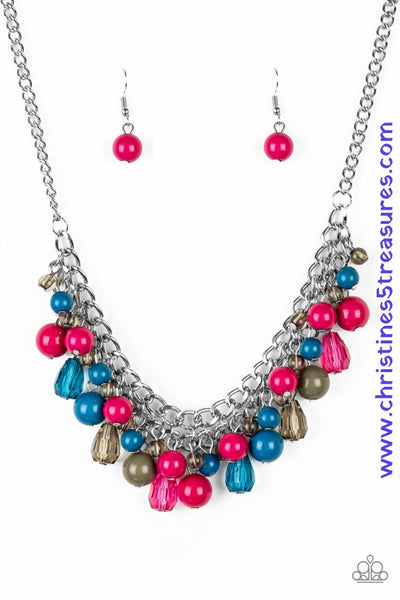 Varying in shape, glassy and polished blue, green, and pink beads swing from the bottom of interlocking silver chains. Crystal-like teardrops are sprinkled along the colorful beading, creating a flirtatious fringe below the collar. Features an adjustable clasp closure. Sold as one individual necklace. Includes one pair of matching earrings.  P2WH-MTXX-199XX