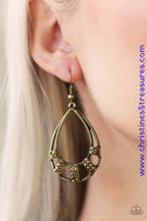 Sections of aurum rhinestone encrusted frames adorn the bottom of an ornate brass teardrop, creating a refined lure. Earring attaches to a standard fishhook fitting. Sold as one pair of earrings.  P5RE-BRXX-090XX
