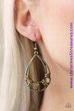 Sections of aurum rhinestone encrusted frames adorn the bottom of an ornate brass teardrop, creating a refined lure. Earring attaches to a standard fishhook fitting. Sold as one pair of earrings.  P5RE-BRXX-090XX