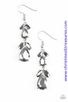Featuring regal marquise and teardrop style cuts, glittery hematite rhinestones gradually increase in size as they trickle from the ear, coalescing into a timeless lure. Earring attaches to a standard fishhook fitting. Sold as one pair of earrings. P5RE-SVXX-178XX