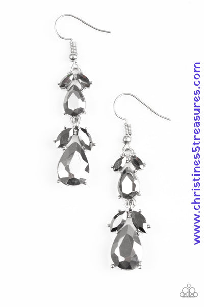 Featuring regal marquise and teardrop style cuts, glittery hematite rhinestones gradually increase in size as they trickle from the ear, coalescing into a timeless lure. Earring attaches to a standard fishhook fitting. Sold as one pair of earrings. P5RE-SVXX-178XX