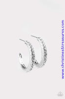 Encrusted in dazzling white rhinestones, a studded silver hoop swings from the ear for a glamorous look. Earring attaches to a standard post fitting. Hoop measures 1" in diameter. Sold as one pair of hoop earrings. P5HO-WTXX-041XX