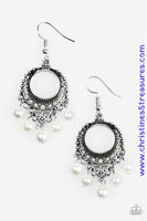 Brushed in an antiqued shimmer, silver filigree climbs a round frame. Pearly white beads swing from the bottom of the decorative lure, creating a whimsical fringe. Earring attaches to a standard fishhook fitting. Sold as one pair of earrings. P5RE-WTXX-251XX