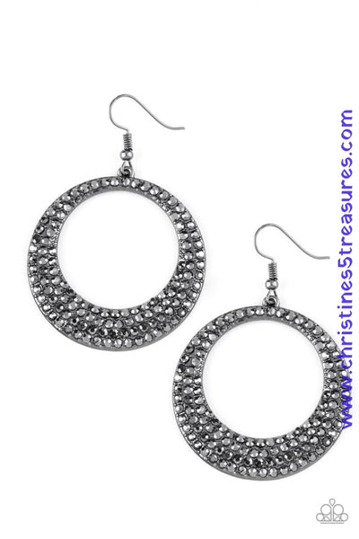 Thickening at the bottom, a glistening gunmetal frame is encrusted in row after row of smoky hematite rhinestones for a glamorous fashion. Earring attaches to a standard fishhook fitting. Sold as one pair of earrings.  P5RE-BKXX-272XX