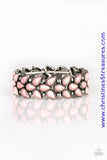 Faceted pink teardrop beads and shimmery silver studs coalesce into ornate frames. The whimsical frames are threaded along stretchy bands around the wrist for a seasonal look. Sold as one individual bracelet.  P9WH-PKXX-215XX