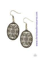 Glistening brass filigree climbs an oval brass frame, creating a whimsical lure. Earring attaches to a standard fishhook fitting. Sold as one pair of earrings.  P5WH-BRXX-092XX